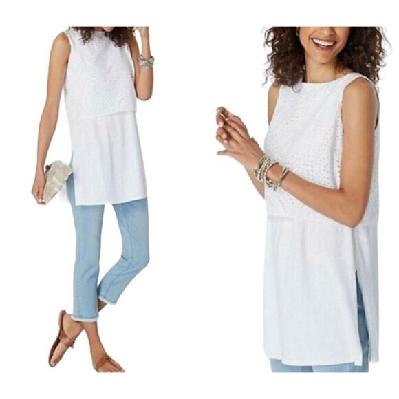 J Jill Sz L White Eyelet Lace Layered Long Tee T-Shirt Tank Top Womens NEW NWT - Picture 12 of 13